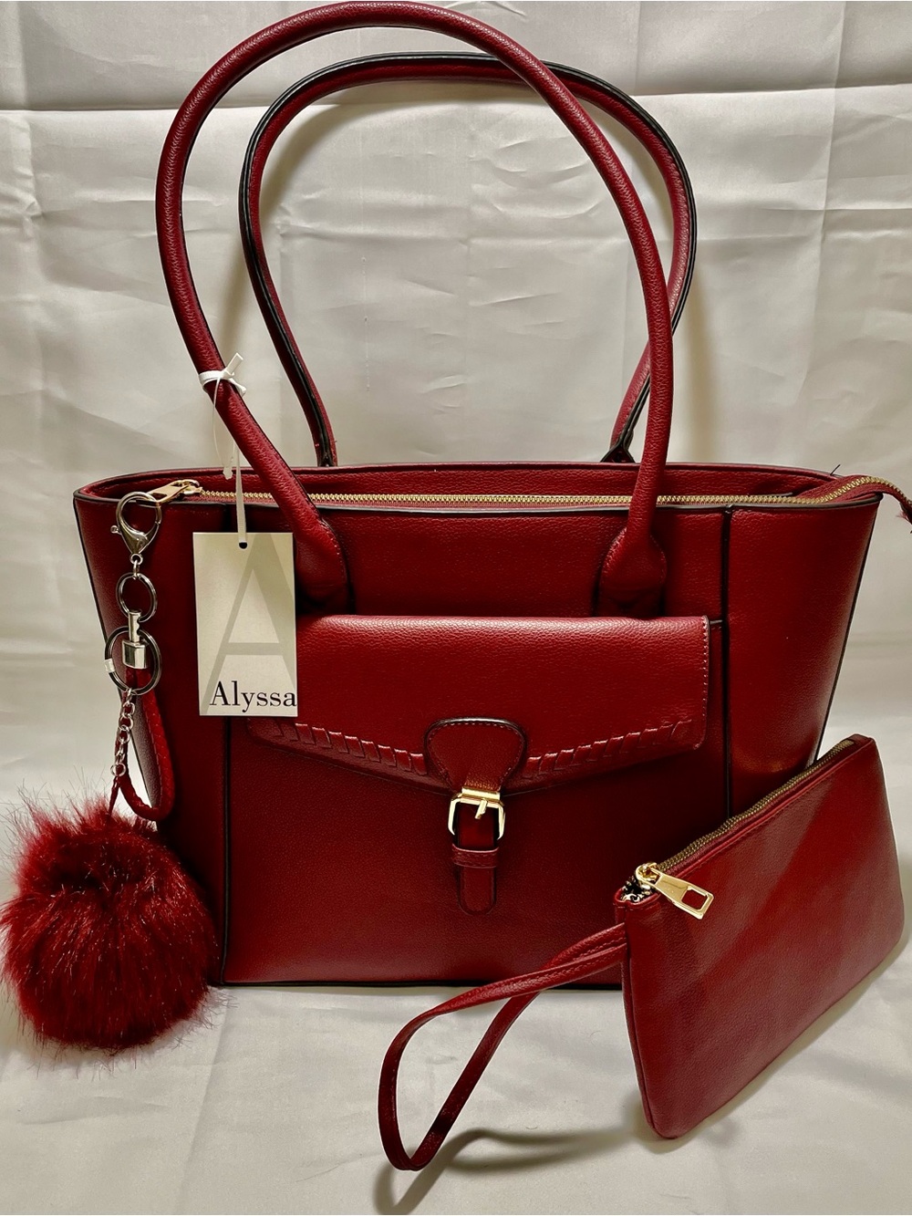 Alyssa Set withTote, Matching Wristlet/Pouch & Extra Pom Bag Charm/KeyChain, NWT